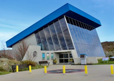 A wide view of the building with the steel structure