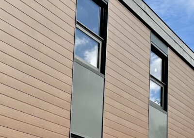 A steel building with the window view